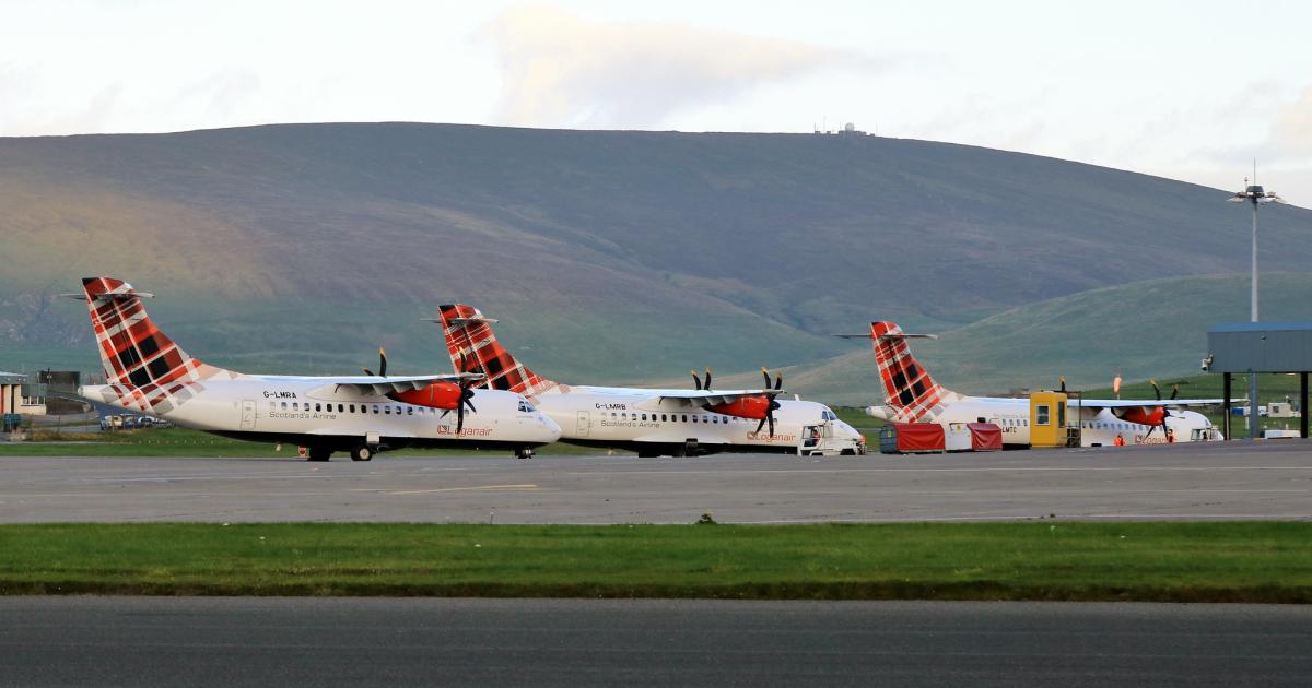 Loganair ATR turboprops sit parked at Sumburgh Airport on Scotland's Shetland Islands. (Photo: Flickr: <a href="http://creativecommons.org/licenses/by-sa/2.0/" target="_blank">Creative Commons (BY-SA)</a> by <a href="http://flickr.com/people/16633132@N04" target="_blank">Ronnierob</a>)