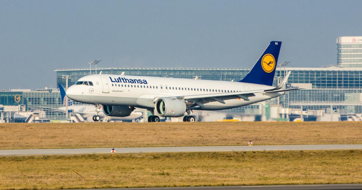 A Lufthansa Airbus A320neo takes off from Frankfurt. Although several European airlines, including Lufthansa, have issued upbeat forecasts for the year, Eurocontrol projects that traffic likely won't recover to 2019 levels until 2025. (Photo: Lufthansa)   