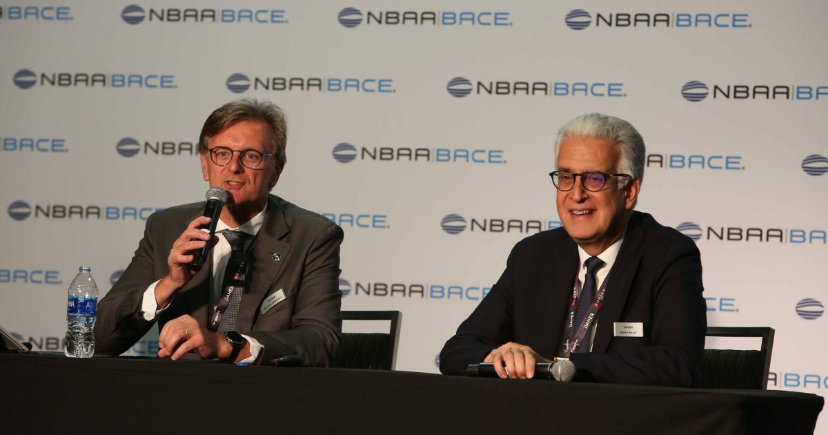 Nicolas Chabbert, Daher senior v-p aircraft and Didier Kayat, Daher CEO, speaking at NBAA-BACE 2022.