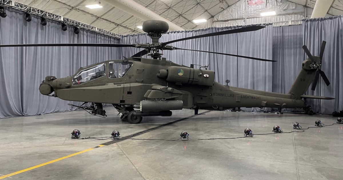 Q-31, the first AH-64E for the KLu, is seen at Mesa during the October 25 handover ceremony. (Photo: Boeing)