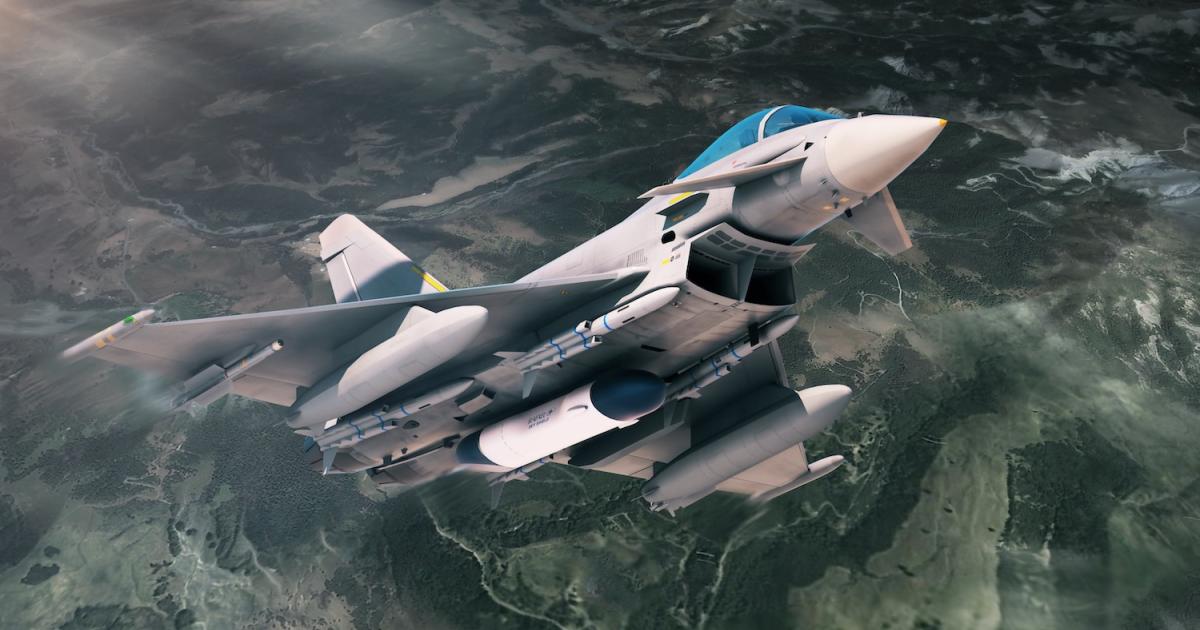 An artist’s impression depicts a Typhoon armed with Meteor and Iris-T missiles carrying an enhanced Sky Shield pod on the centerline. (Photo: Rafael)