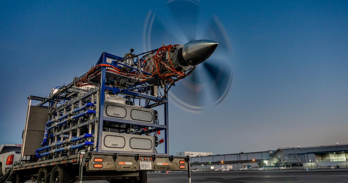 Universal Hydrogen's 'iron bird' rig in Hawthorne, California, tests the architecture of the company's hydrogen-fuel-cell-based powertrain in preparation for first flight in a De Havilland Dash 8-300. (Photo: Universal Hydrogen)