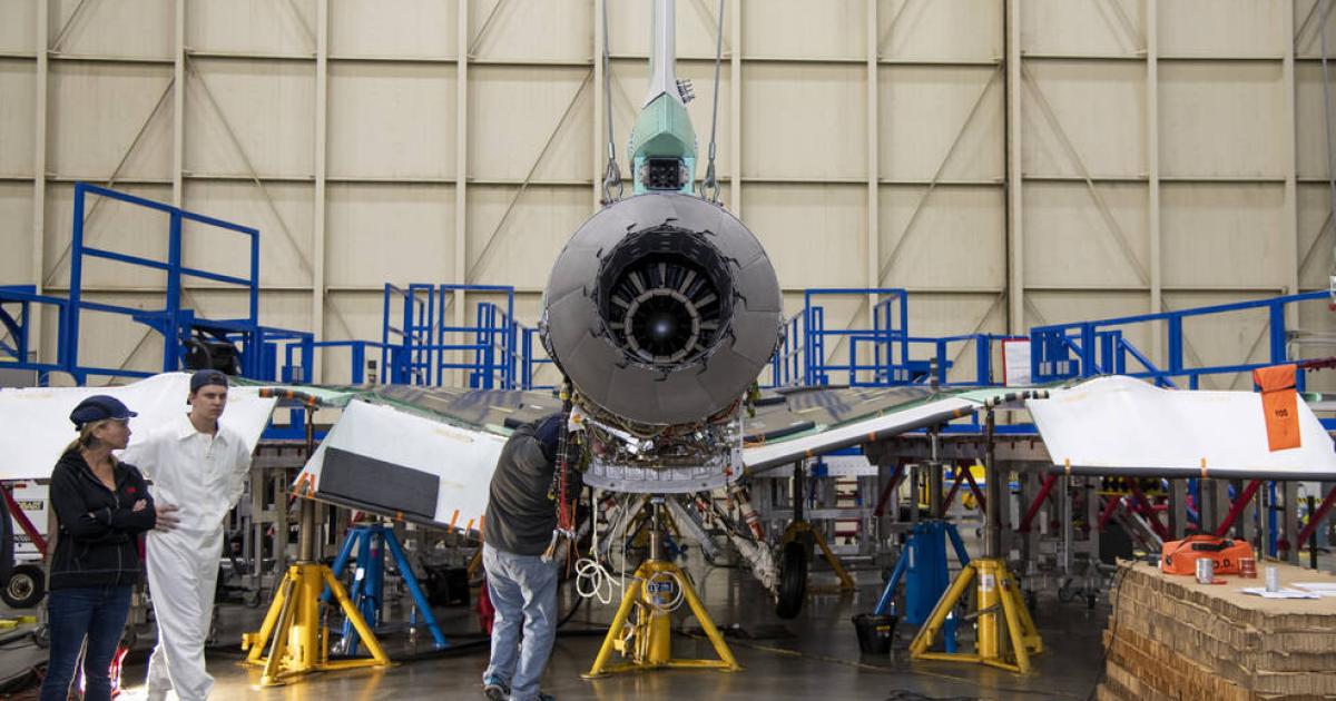 NASA’s X-59 supersonic research aircraft has had its single GE F414-GE-100 engine installed as the program progresses toward first flight early next year. The X-59 will be used to measure the acoustical impact of mitigated sonic boom technologies via community overflights, potentially paving the way for regulations that would allow supersonic overland flights. (Photo: NASA)
