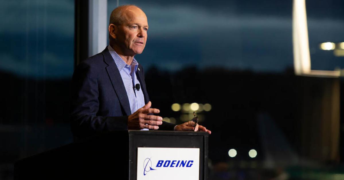 Boeing CEO David Calhoun addresses analysts at the company's 2022 Investor Conference. (Photo: Boeing)