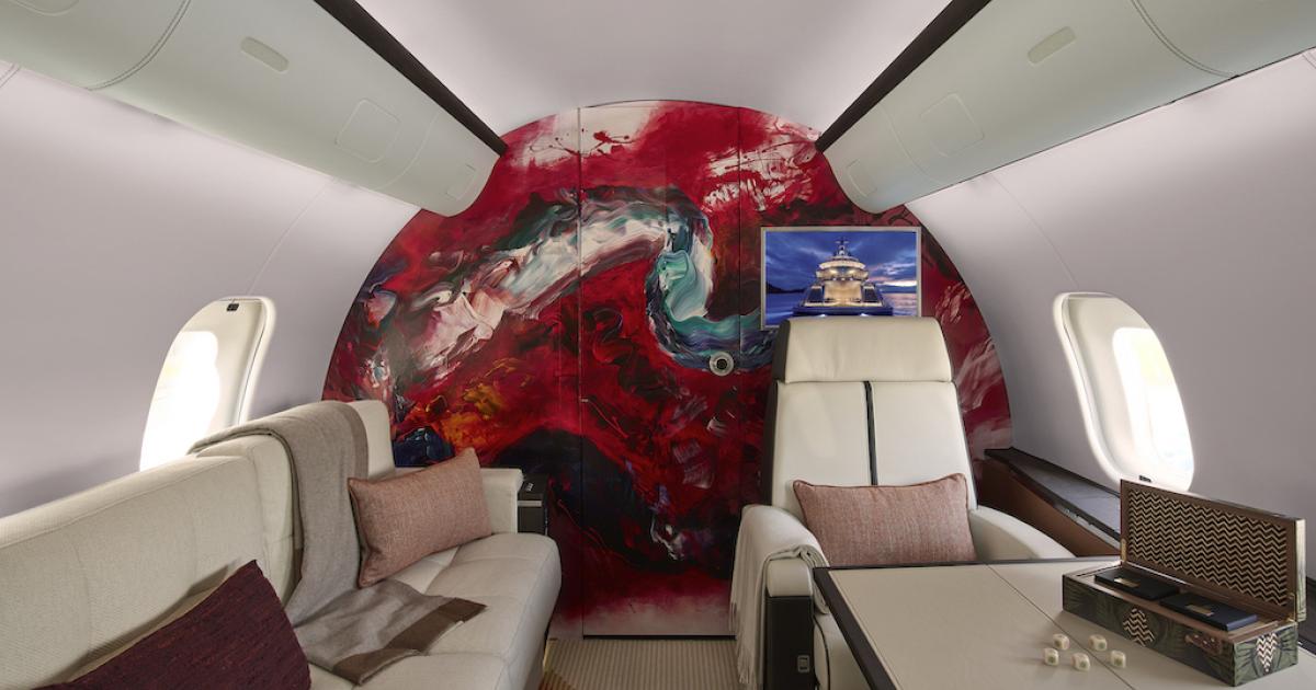 Winch Design's cabin refurbishment on a Global 5000 business jet features an art wall inspired by Japanese artist Kazuo Shiraga. (Photo: Winch Design)