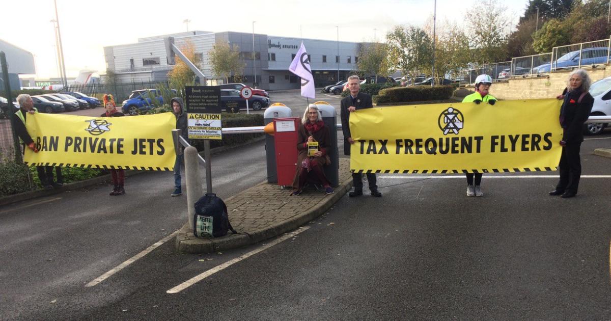 Climate protestors targeted business aviation operations at European airports this week, including Harrods Aviation at Farnborough Airport. (Photo: Extinction Rebellion/Twitter)