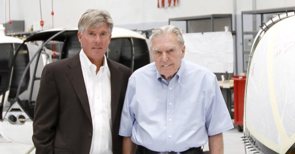 Robinson Helicopter Founder Frank Robinson (right) passed away on November 12 at his home in Rolling Hills, California. His son Kurt (left) runs the family-owned business as CEO. (Photo: Robinson Helicopter)