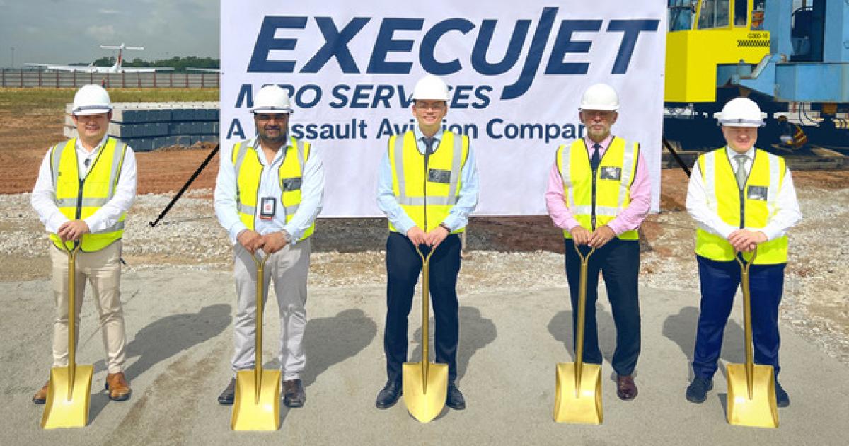 ExecuJet MRO officials participate in the groundbreaking at the company's Malaysia maintenance hub. The facility, part of the company's network of locations in Africa, Asia, Australasia, and the Middle East is expected to be operational by the end of next year. (Photo: Execujet MRO Services)