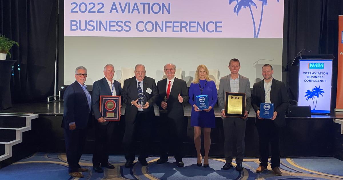 (left to right) NATA president and CEO Curt Castagna; John Black, executive director of the Smyrna/Rutherford County Airport Authority; Bill Bohlke, president emeritus, Bohlke International Aviation; Craig Sincock, Avfuel's owner, president, and CEO; Carla Keeney, customer service manager, Jet Access Indianapolis; Jeffrey Wolf, chief flight instructor with Paragon Flight Training; and Shae Helling, Bismarck Jet Center’s director of FBO operations and marketing. (Photo: Curt Epstein/AIN)