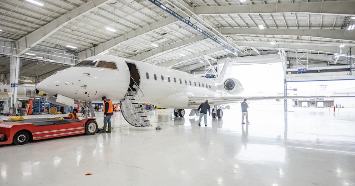 Once the modifications to this Bombardier Global 6000 business jet in Wichita are complete, Lufthansa Technik will complete the system integration at its special mission competence center in Hamburg, Germany. (Photo: Bombardier Defense)