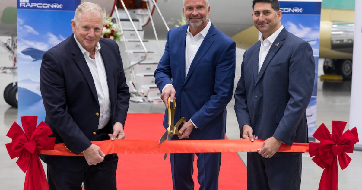 From left, Sierra Nevada Corp. senior director of business development Tim Harper, senior v-p of programs Steve Clark, and Bombardier director of specialized mission aircraft Michael Calderon. (Photo: Sierra Nevada Corp.)