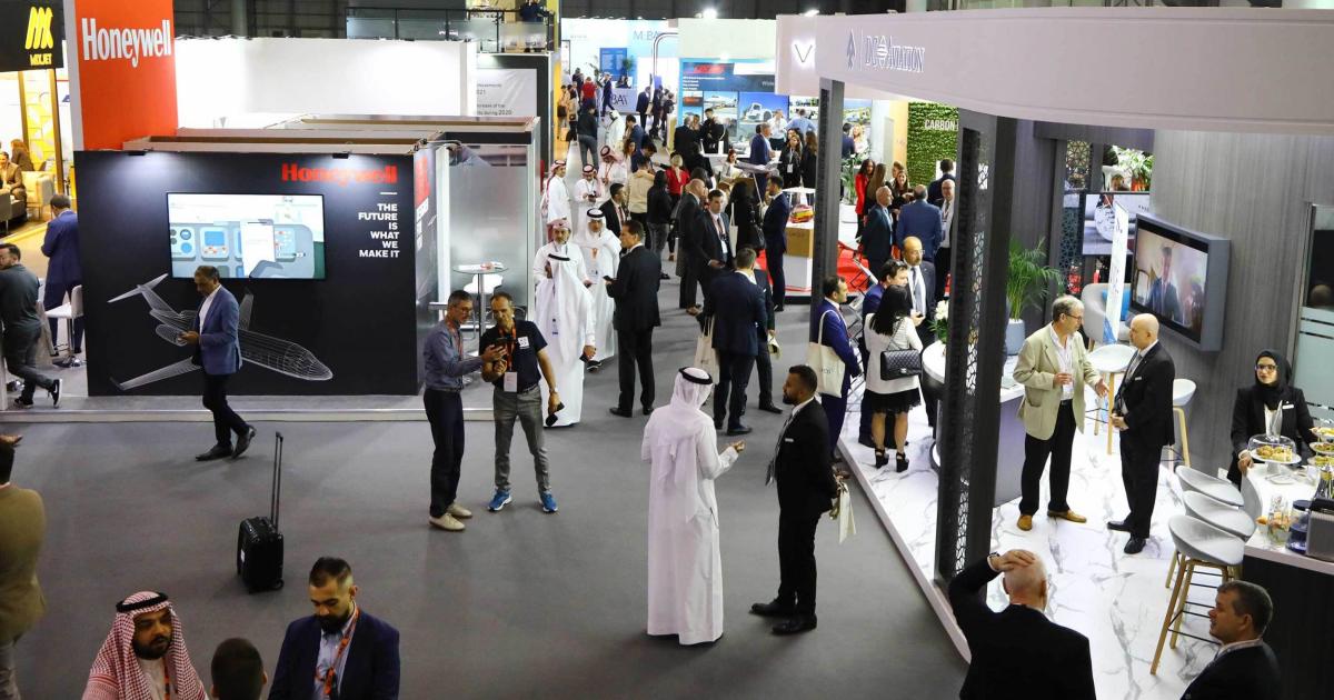 Overhead view of attendees on exhibit floor at MEBAA Show 2022
