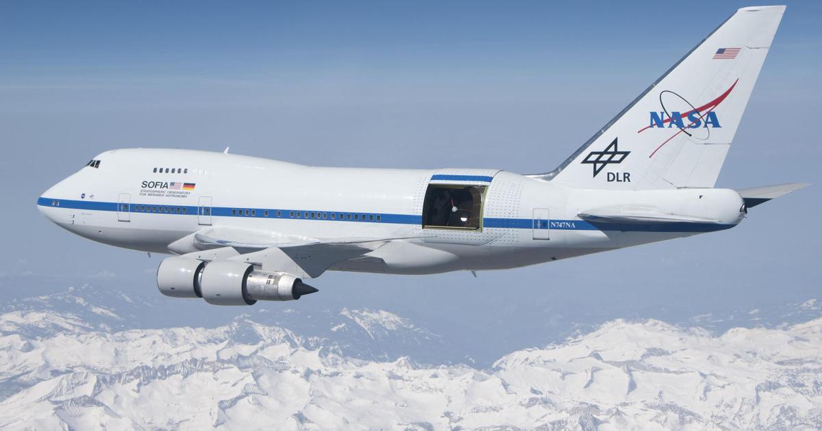 NASA's SOFIA flying telescope is pictured in flight. 