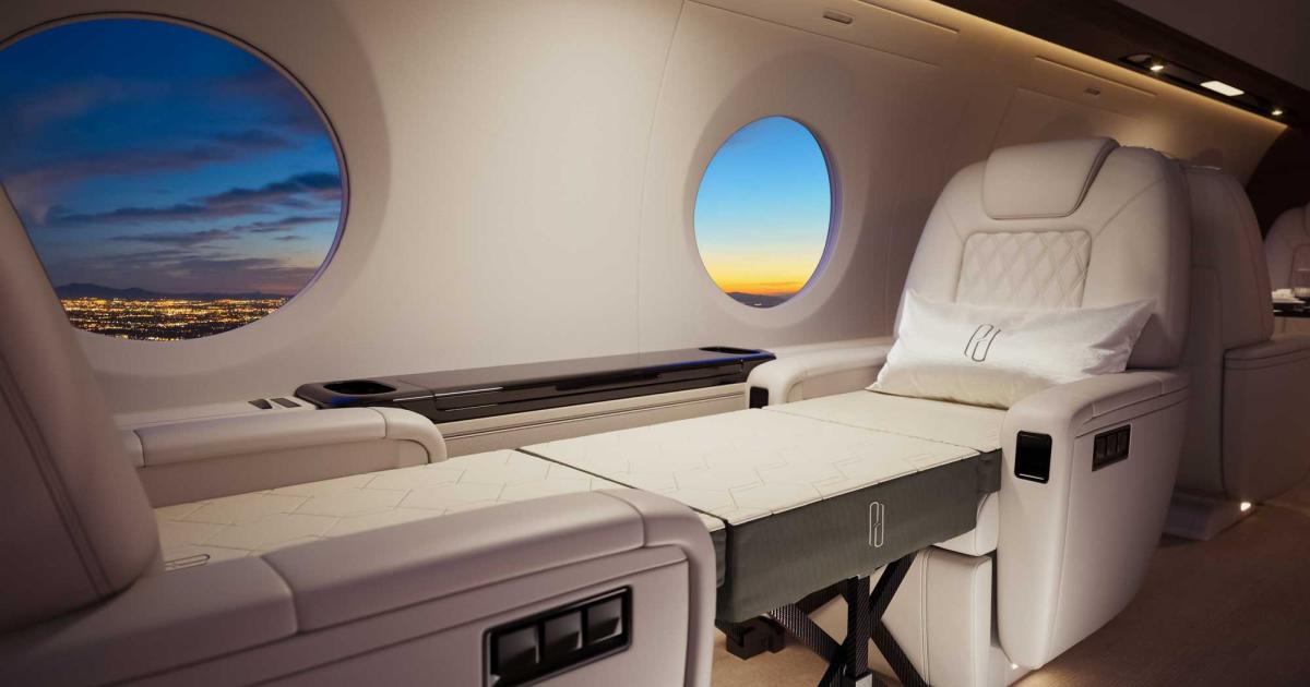 Aircraft cabin with Primadonna's PrimaLux FlexFrame bed installed between seats