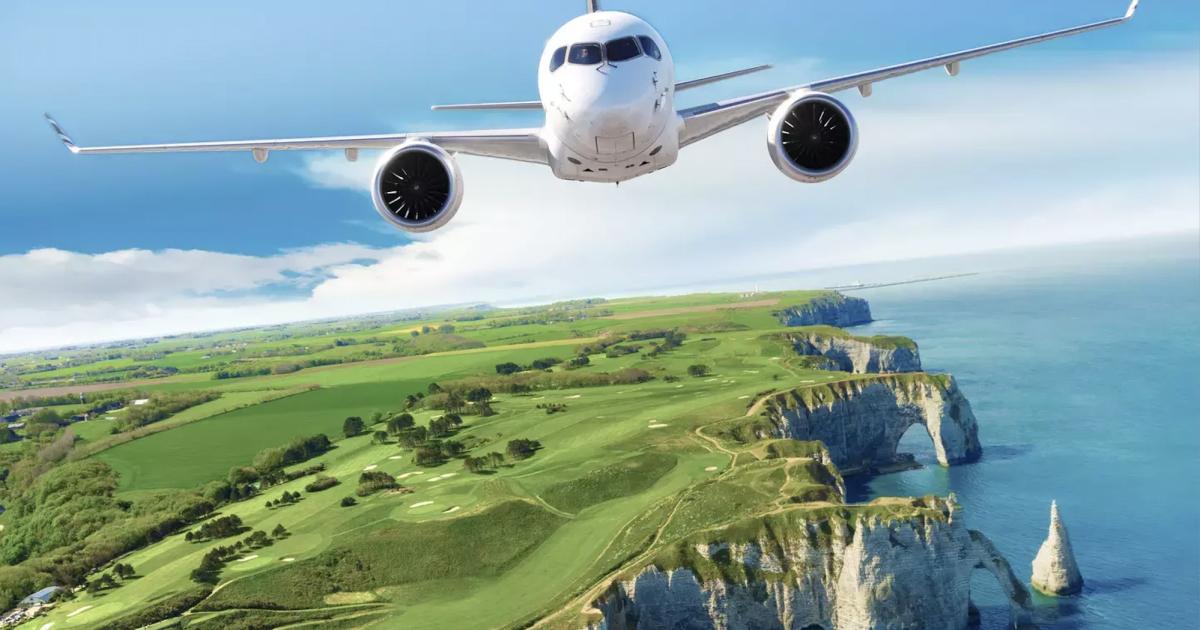 ACJ TwoTwenty in flight over coastline with grassy terrain and golf course