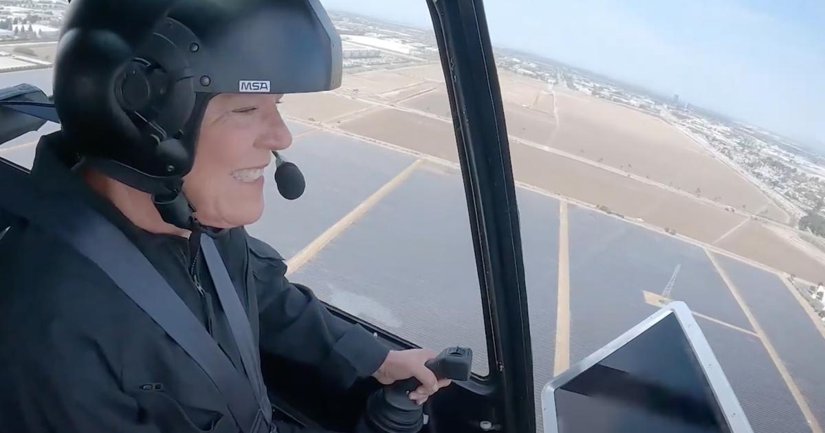 U.S. Rep. Julia Brownley (D-Calif.) flying Skyryse FlightOS-equipped automated Robinson R44 helicopter
