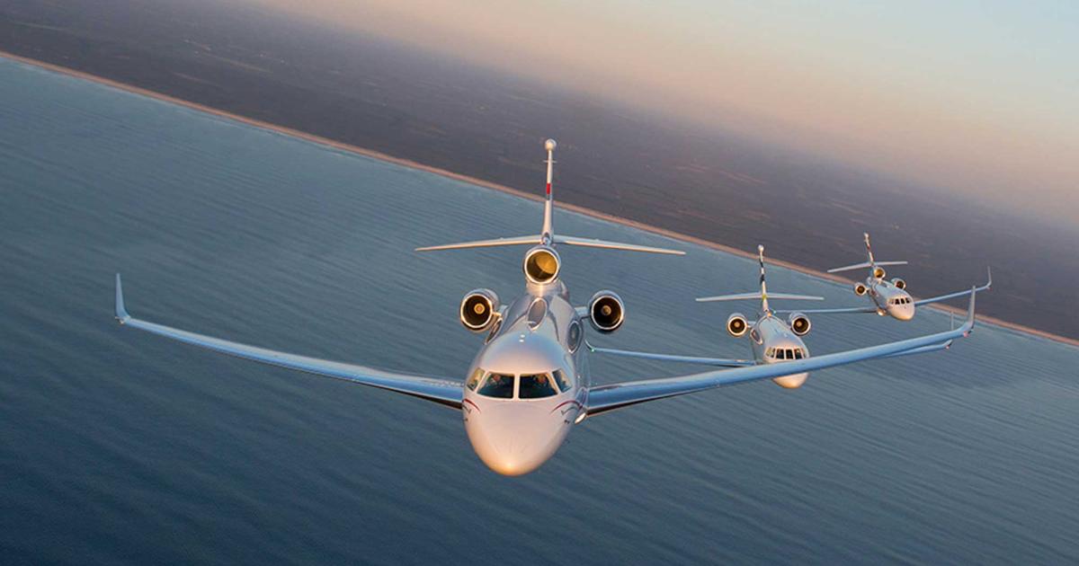 Dassault Falcon 7X, 8X, and 2000 business jets fly in formation