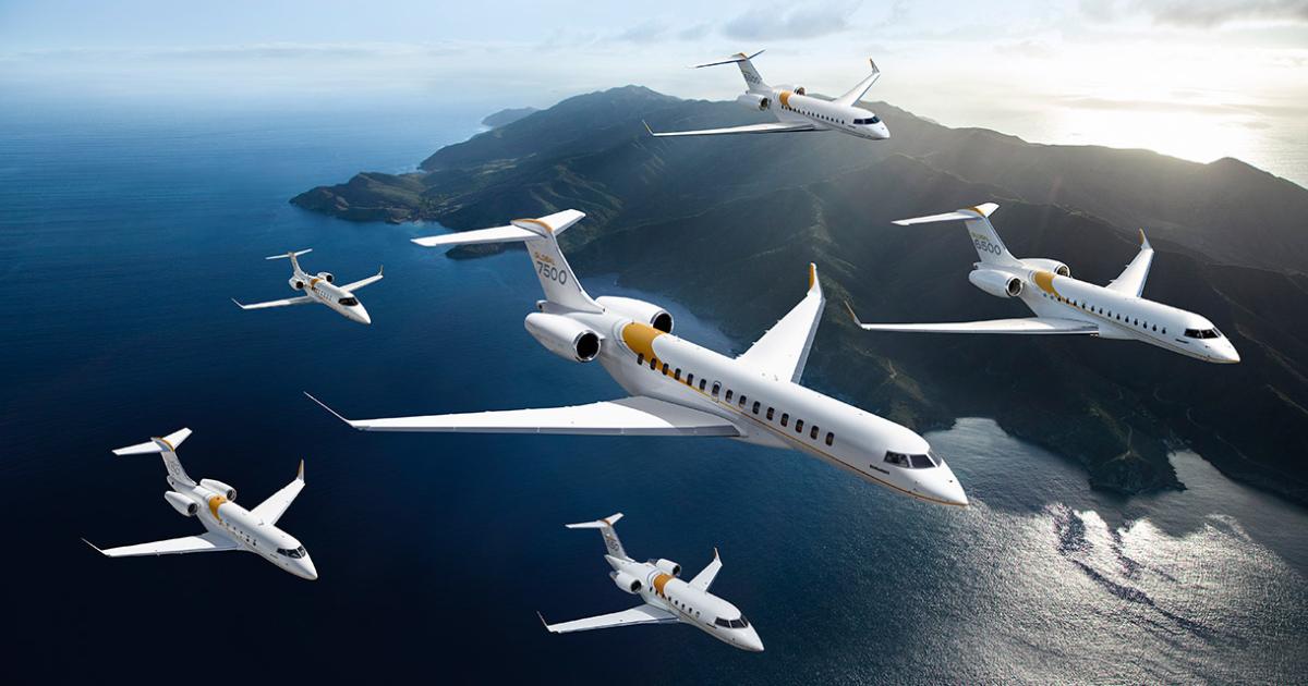 fleet of Bombardier aircraft in flight over coast