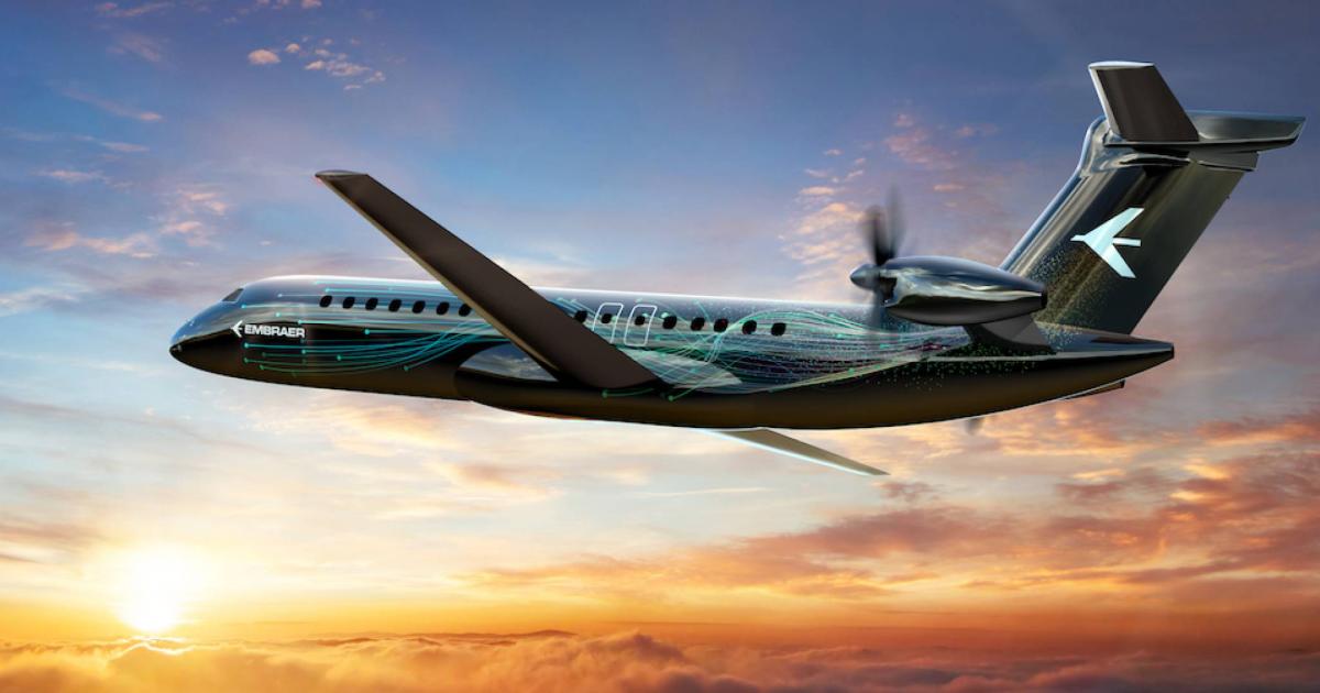 The proposed Embraer turboprop's rear-mounted engines could allow for adaptation for hydrogen power by 2045. (Image: Embraer)