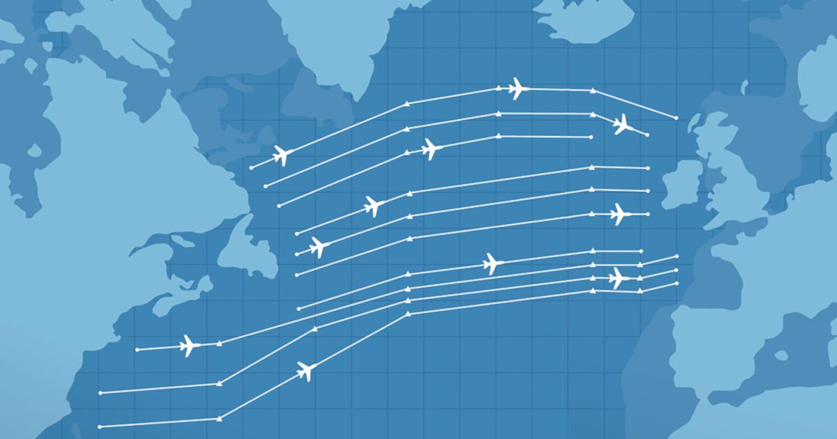 Graphic of North Atlantic Track with airplane flight tracks depicted on map