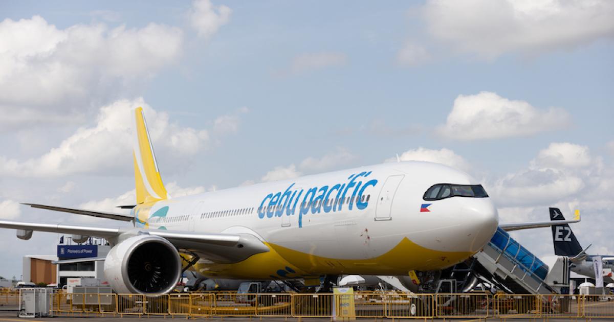A Cebu Pacific Airbus A330neo sits on display at the 2022 Singapore Airshow. The Philippines carrier expects to take delivery of four of the widebodies this year. (Photo: Airbus)