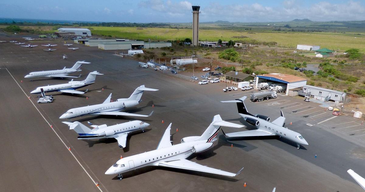 Private jets on airport ramp at Kahului Airport in Maui, Hawaii