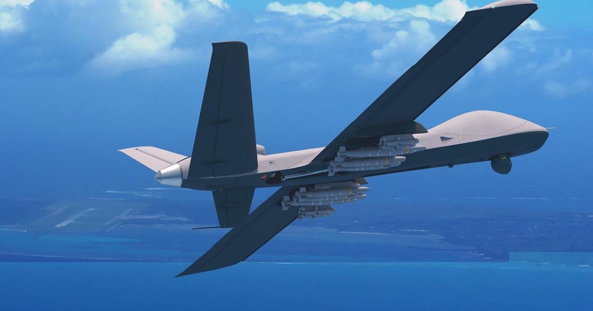 computer-generated image of MQ-9B Sky Guardian armed with Emirati weapons in flight
