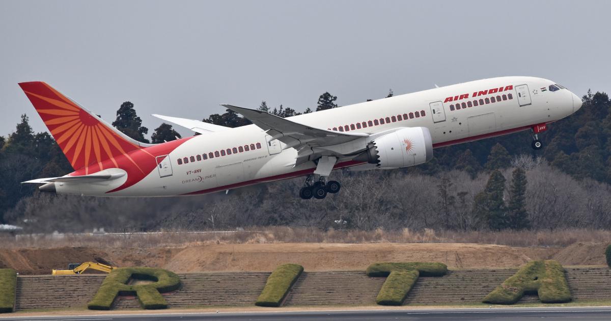 An Air India Boeing 787-8 takes off from Tokyo Narita Airport in March 2019