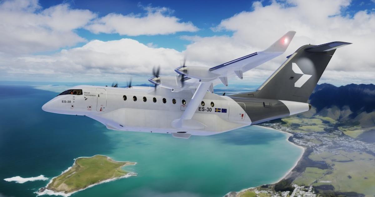 Digital rendering of Heart Aerospace's ES-30 electric regional aircraft in flight