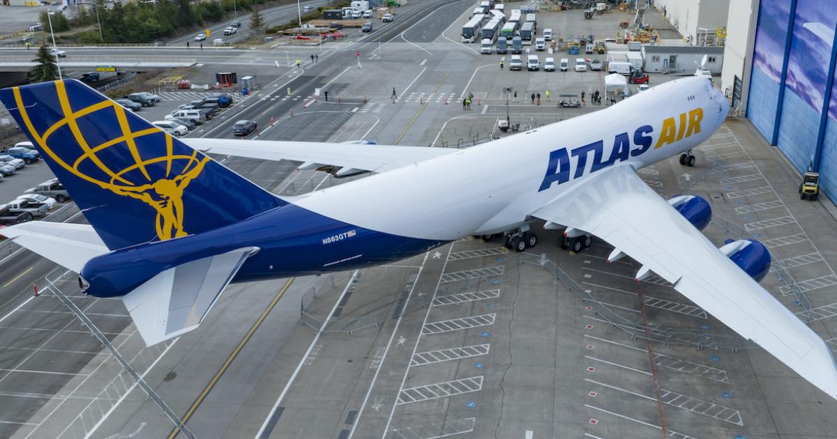 The last Boeing 747—an Atlas Air 747-8F—sits positioned outside its assembly hall in Everett, Washington. (Photo: Boeing)