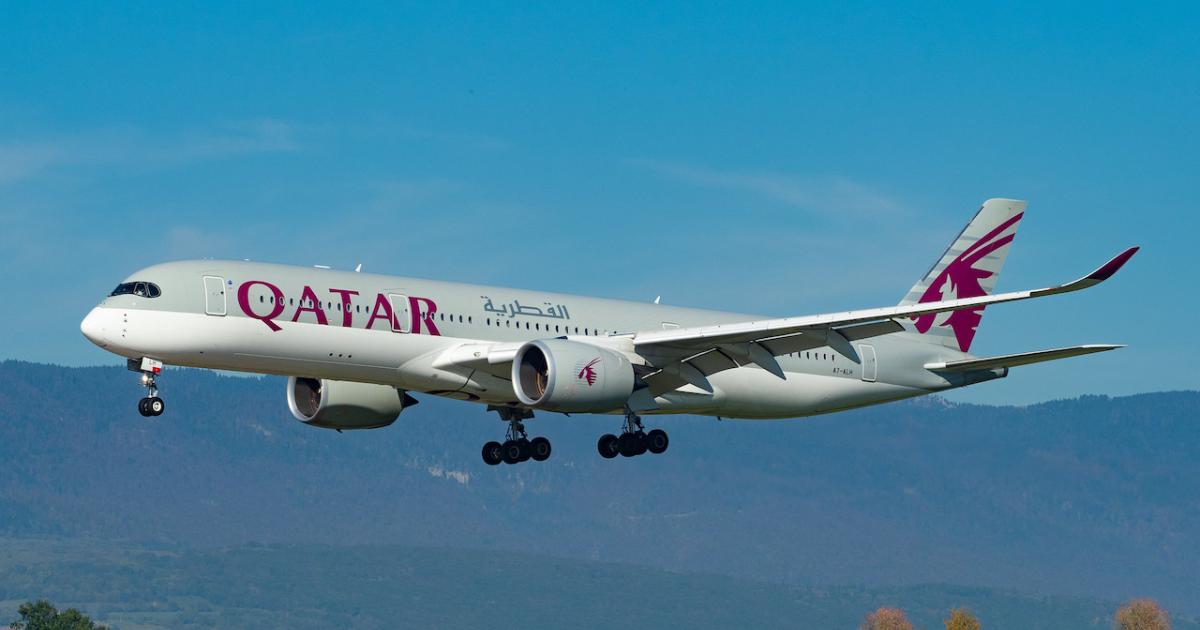 A Qatar Airways Airbus A350 approaches Geneva International Airport in 2019. (Photo: Flickr: <a href="http://creativecommons.org/licenses/by-sa/2.0/" target="_blank">Creative Commons (BY-SA)</a> by <a href="http://flickr.com/people/78631472@N03" target="_blank">FlugZüge</a>)