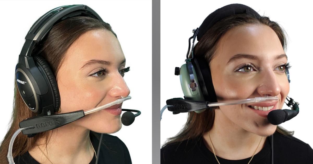 Aerox headset-mounted oxygen cannula for pilots shown mounted on Bose A20 headset and David Clark headset