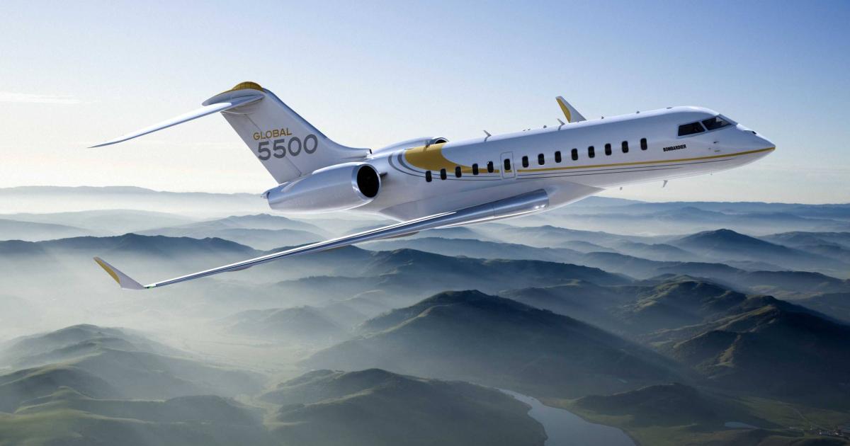 Bombardier Global 5500 in flight over mountainous terrain