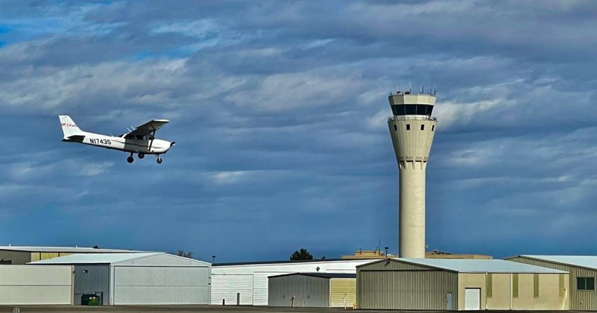 Cessna 172S in flight over airfield at Centennial Airport 