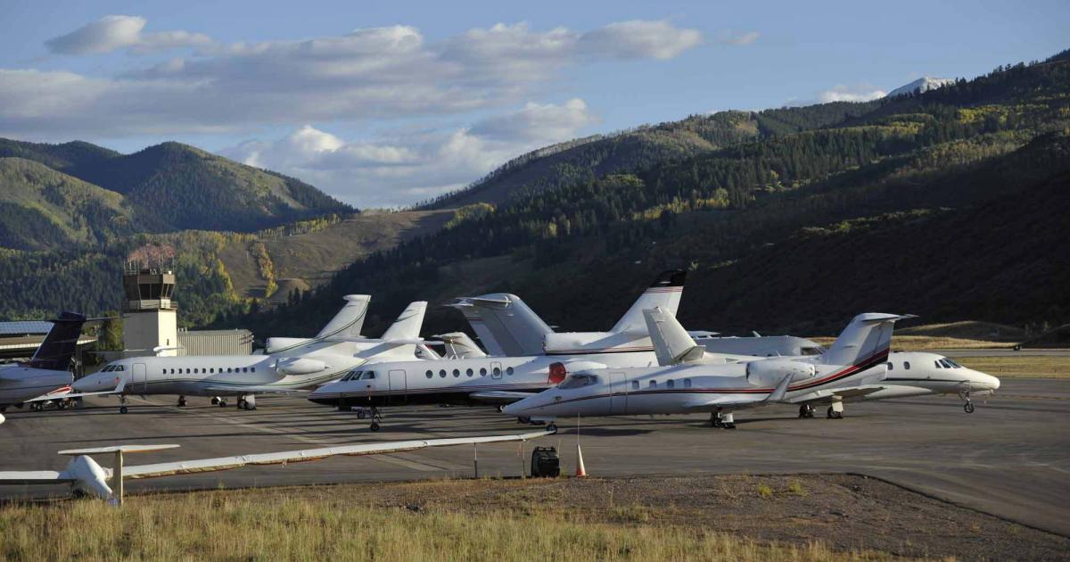Private jets on airport ramp at Aspen-Pitkin County Airport