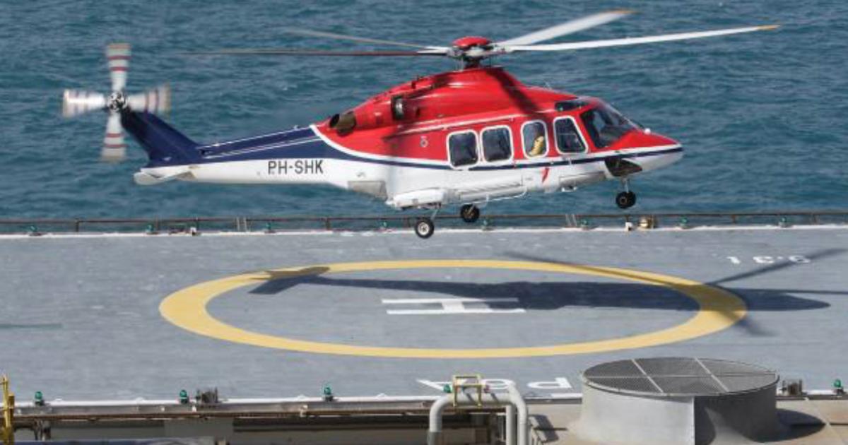 Helicopter landing on offshore helipad