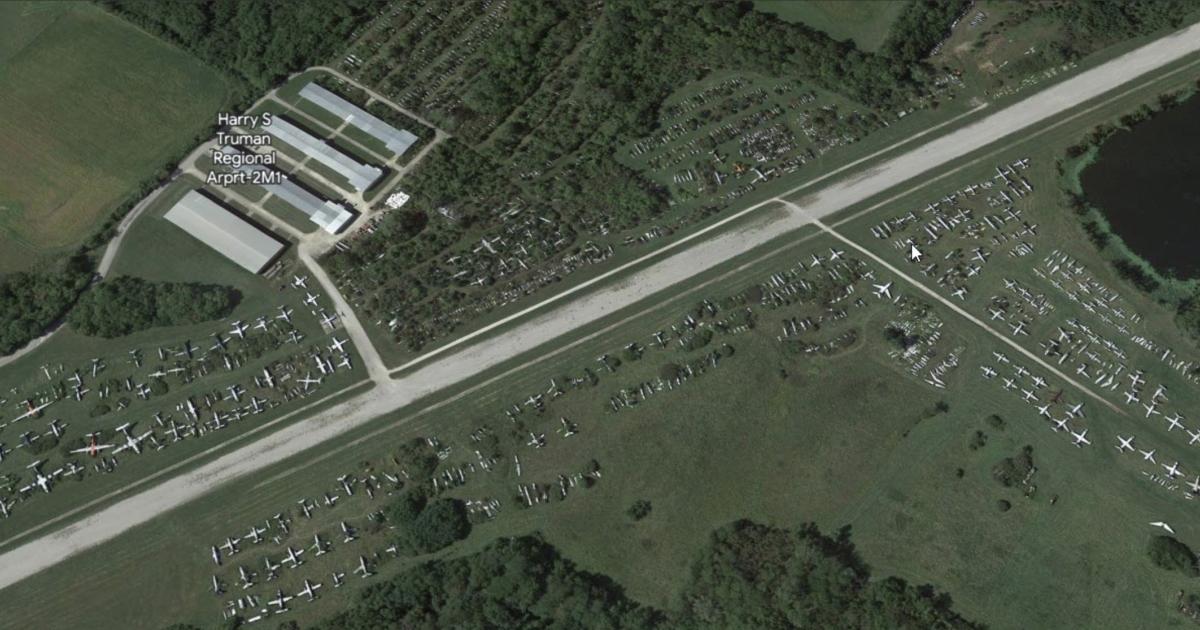 Aerial view of Harry S. Truman Regional Airport, an aircraft boneyard in Bates City, Missouri