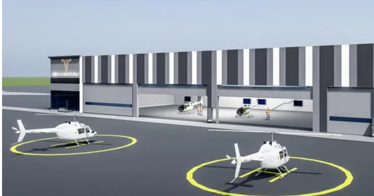 Digital rendering of new rotorcraft facility at Mohammed Bin Rashid Aerospace Hub at Al Maktoum International Airport with helicopters parked on helipads