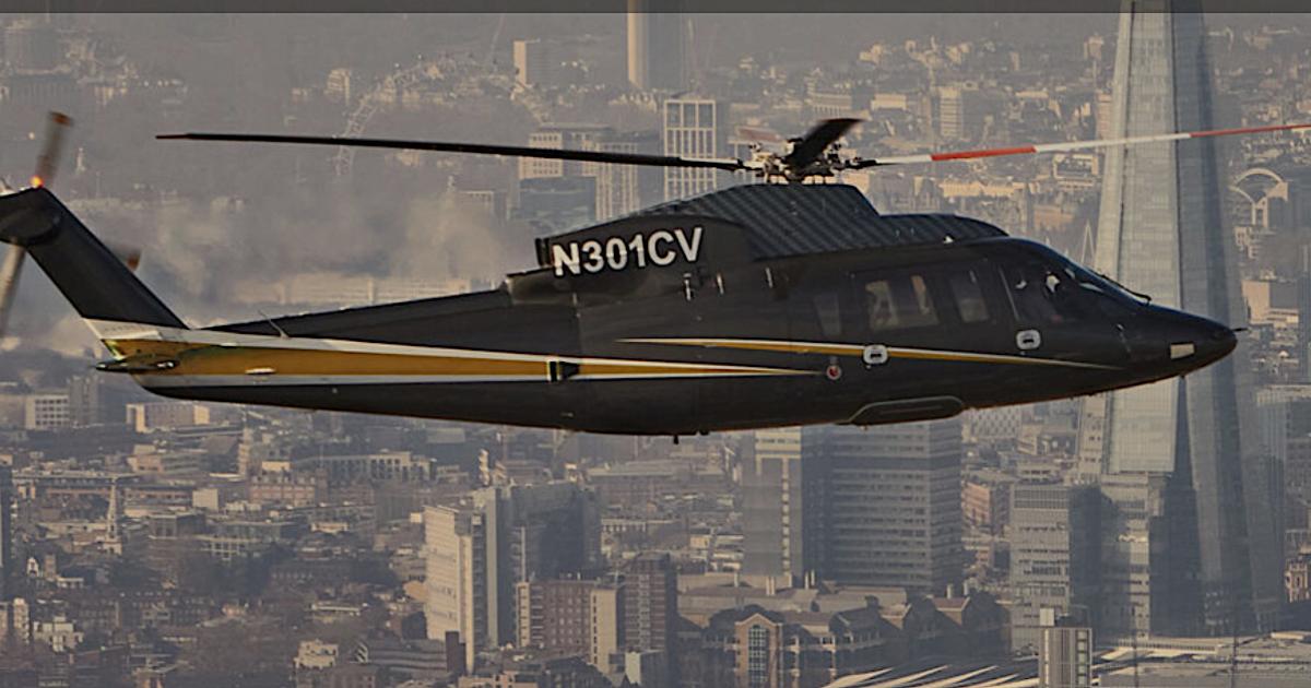 Flexjet Sikorsky S-76 helicopter in flight over European city