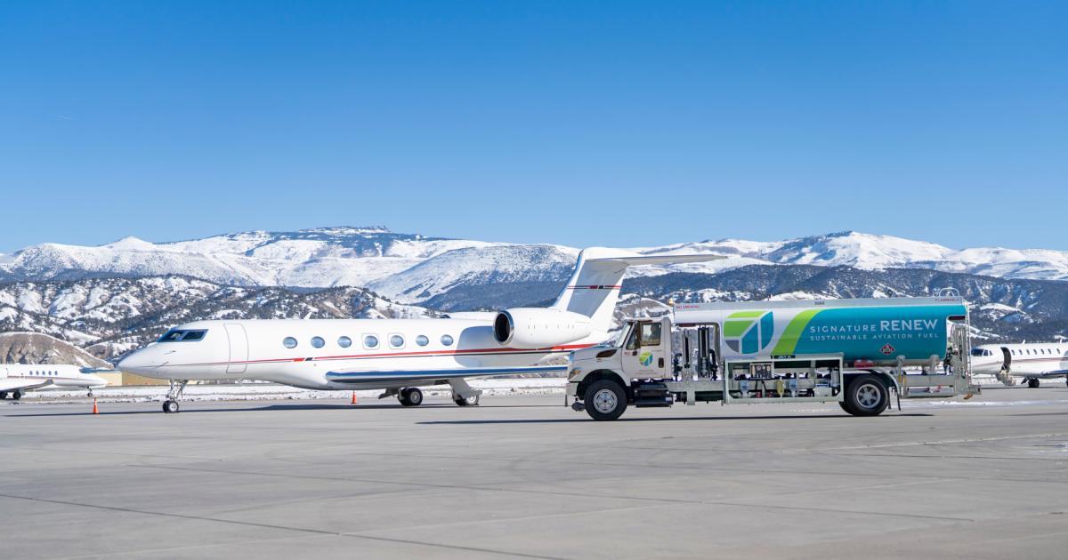 Signature Flight Support SAF tanker at mountain airport