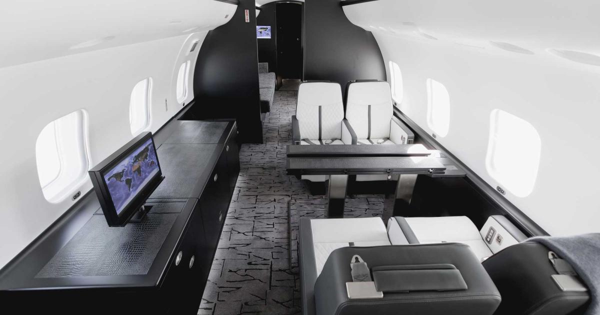 Cabin of fully-customized Bombardier Global Express featuring a a "clean, bright, minimalist color palette."
