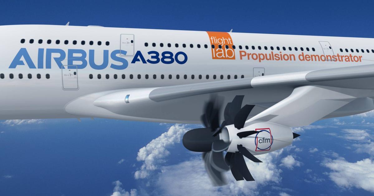 Digital rendering of Airbus A380 propulsion demonstrator in flight utilizing open fan technology