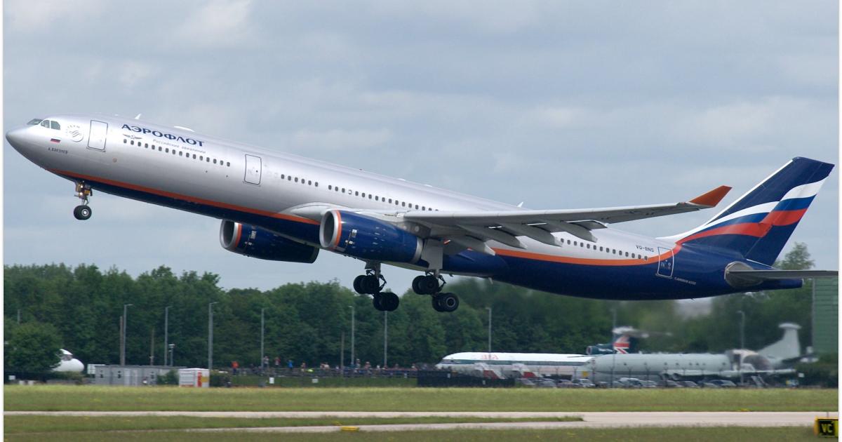 An Aeroflot Airbus A330-300 takes off from Manchester Airport in the UK in 2017. Some 500 leased Western aircraft remain trapped in Russia since the onset of war in Ukraine. (Photo: Flickr: <a href="http://creativecommons.org/licenses/by-sa/2.0/" target="_blank">Creative Commons (BY-SA)</a> by <a href="http://flickr.com/people/riikkeary" target="_blank">Riik@mctr</a>)