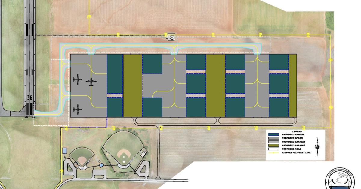 Aerial view rendering of planned construction at Pryor Field Regional Airport