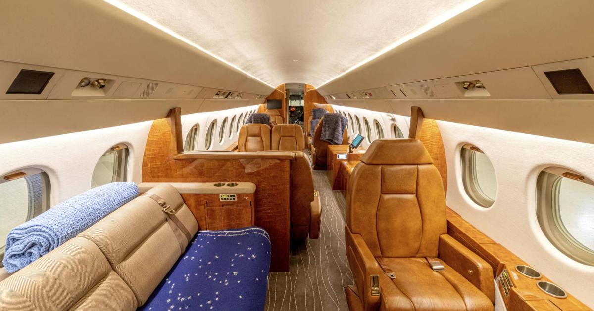 Falcon 900B aircraft cabin equipped with PWI's LED lighting system