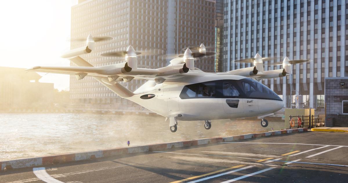 Digital rendering of Zuri's five-seat hybrid electric VTOL aircraft taking off from helipad