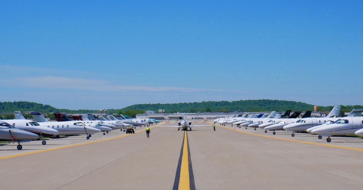 Atlantic Aviation ramp at Muhammad Ali International Airport in Louisville lined with private jets attending the Kentucky Derby