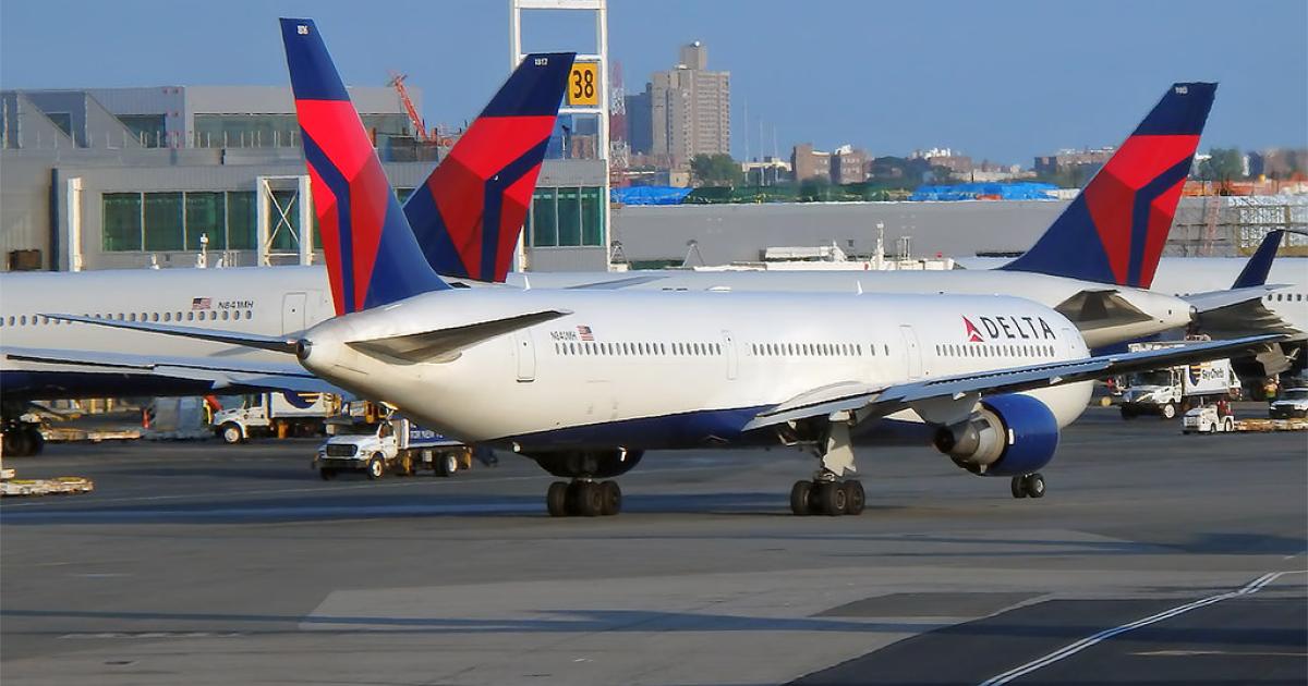 A Delta Boeing 767 taxis at New York JFK Airport in February 2015. The airline plans to cut between 5 and 10 percent of its departures from New York City airports this June and July.(Photo: Flickr: <a href="http://creativecommons.org/licenses/by-sa/2.0/" target="_blank">Creative Commons (BY-SA)</a> by <a href="http://flickr.com/people/130961247@N06" target="_blank">Anna Zvereva</a>)