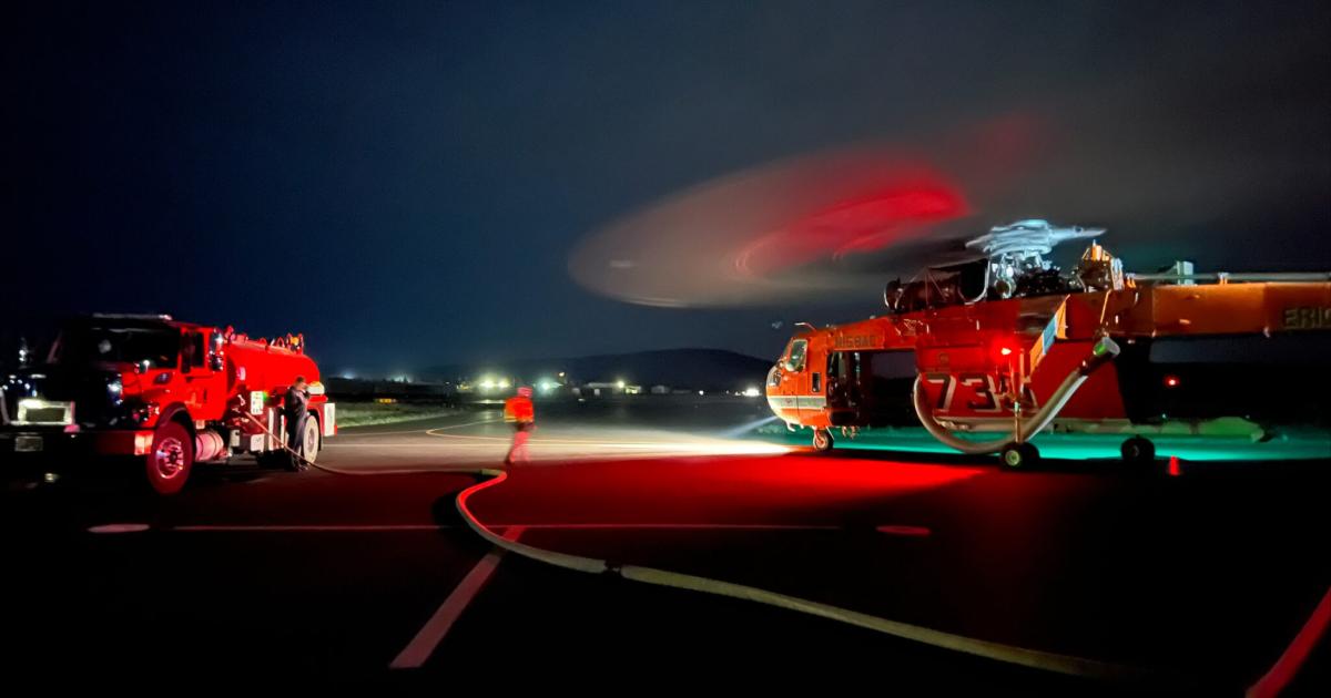 Erickson S-64F Air Crane Helicopter illuminated by helipad lights at night