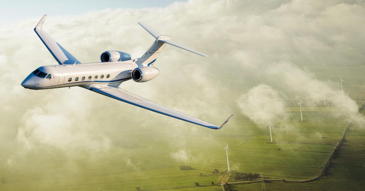 business jet flying over countryside
